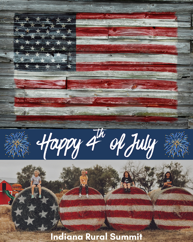 Image of US flag on barn siding, the words "Happy 4th of July" against a blue background, and image of four children sitting on hay bales painted with stars and stripes.