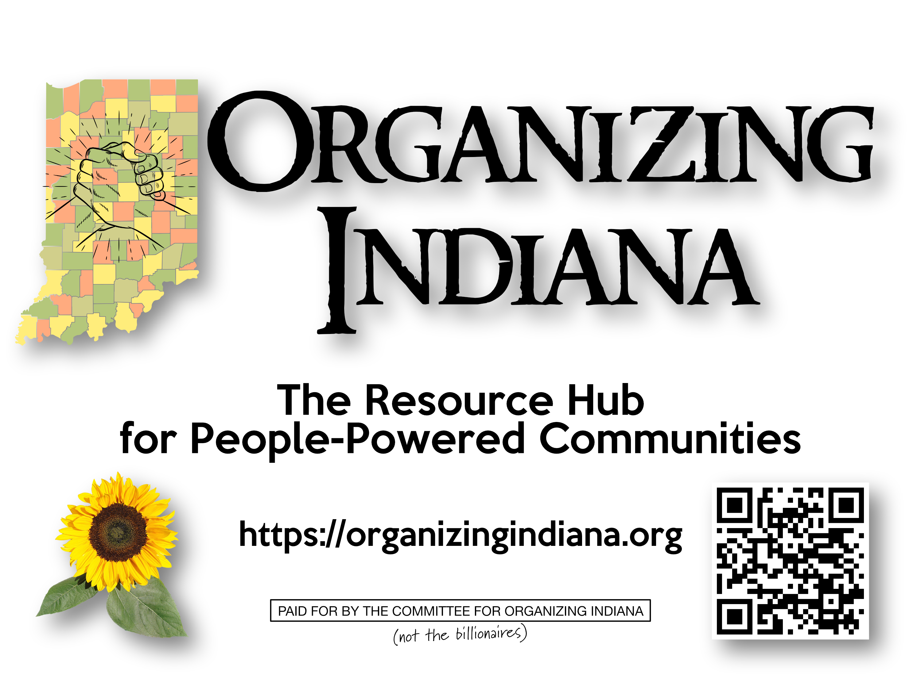 Organizing Indiana logo with patchwork quilt design on the map of Indiana and two clasped hands symbolizing solidarity