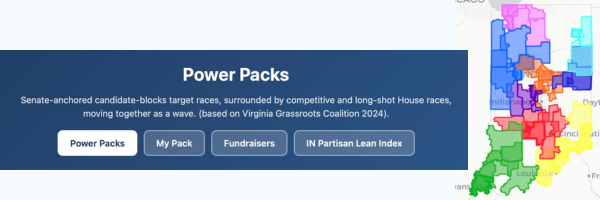 Rural Power Packs link image highlighting description and multi-colored Indiana map showing candidate districts