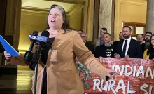 Indiana Rural Summit Coalition founder Michelle Higgs speaks outside the Indiana secretary of state’s office along with coalition members who were filing candidacies for legislative races on Wednesday, Jan. 7, 2026. (Photo by Tom Davies/Indiana Capital Chronicle)