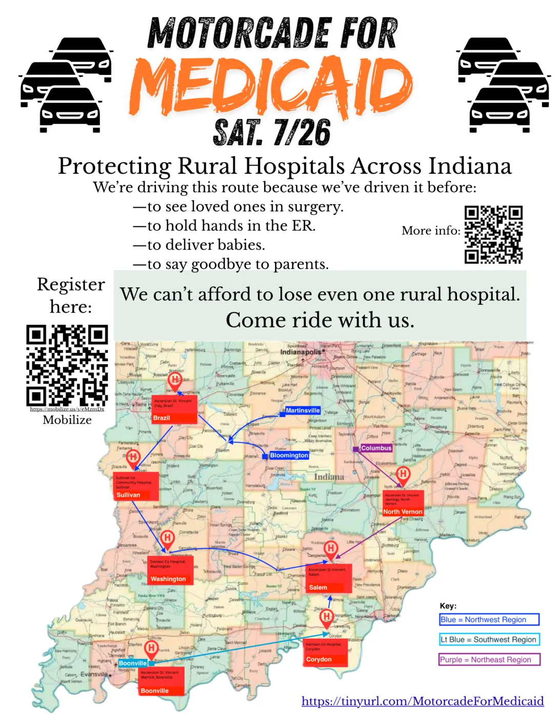Motorcade for Medicaid Map of southern Indiana with route highlighted. https://tinyurl.com/MotorcadeForMedicaid