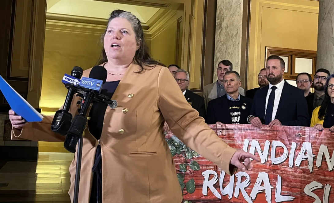Indiana Rural Summit Coalition founder Michelle Higgs speaks outside the Indiana secretary of state’s office along with coalition members who were filing candidacies for legislative races on Wednesday, Jan. 7, 2026. (Photo by Tom Davies/Indiana Capital Chronicle)